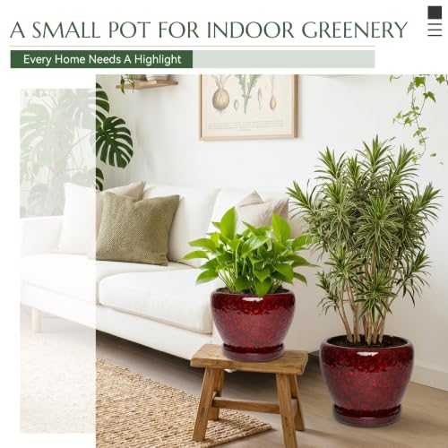 Ceramic Planter with Saucer for Indoor Outdoor Plants (Red, 8.7 Inch) - color: Speckled Red, size: 8.7 Inch