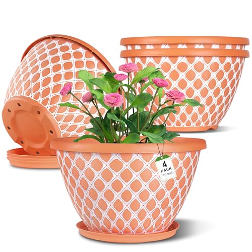Nooulap 10 Inch Flower Pots Outdoor Indoor, 4 Pack - color: Orange, size: 10 inch