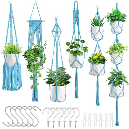 SFENNGPET Macrame Plant Hangers, 6Pack Hanging Planters for Indoor Plants - color: Sky Blue