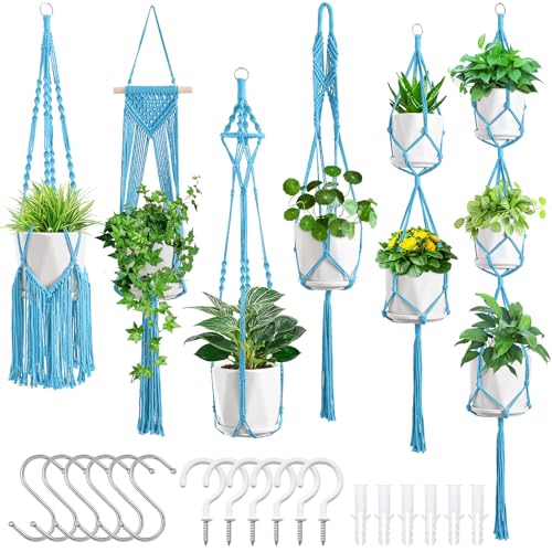 SFENNGPET Macrame Plant Hangers, 6Pack Hanging Planters for Indoor Plants - color: Sky Blue