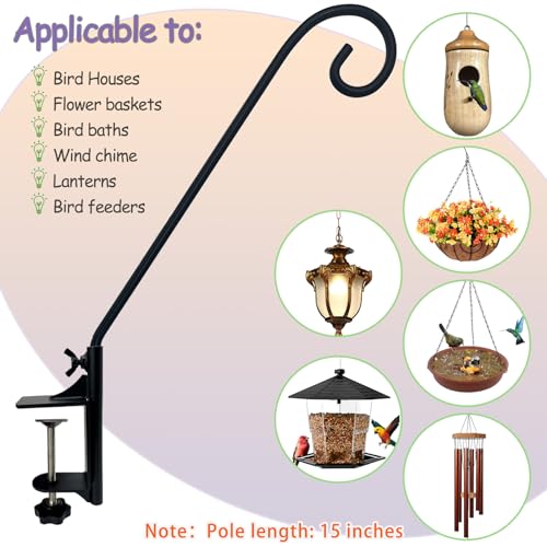 Heavy Duty Deck Hook,360 ° Rotating Design,Pole 15”Long Metal Deck Railing Hooks for Hanging Bird Feeders,Planters,Suet Baskets,Lanterns,Wind Chimes,Clamp Mounted,Under 18 LBS(2PACK)