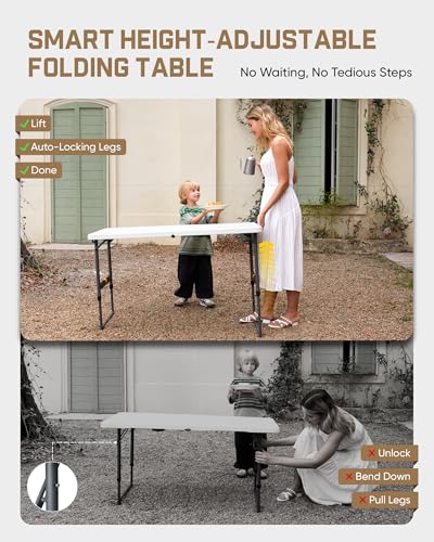 FanttikOutdoor Folding Table 4 Foot Quick Adjust Portable Plastic 4 Heights - color: Granite White
