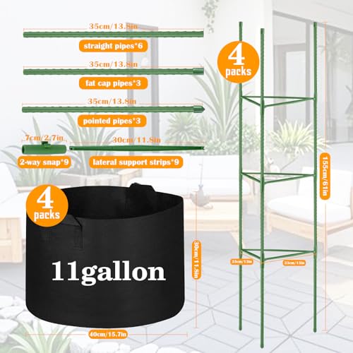 4 Pack Tomato Cages with 11 Gallon Grow Bags for Garden 55inch