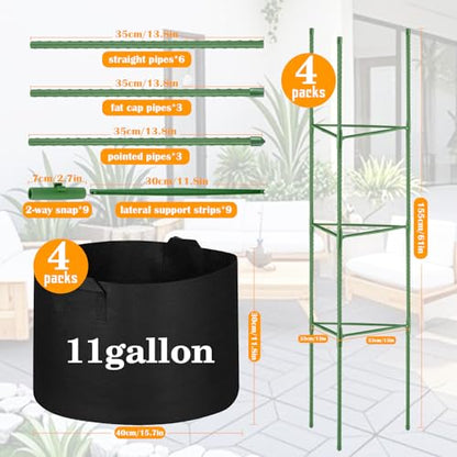 4 Pack Tomato Cages with 11 Gallon Grow Bags for Garden 55inch
