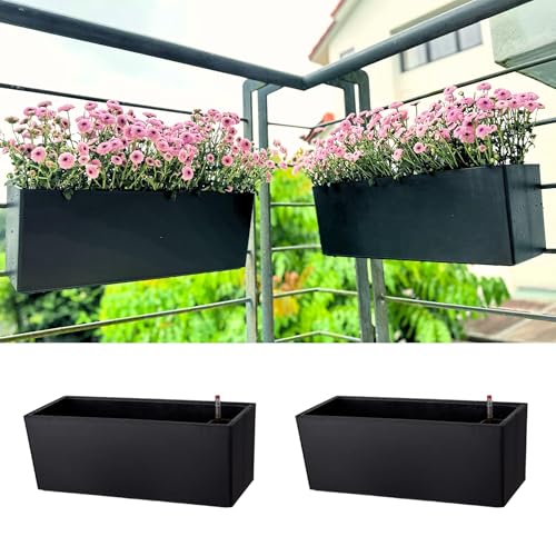 LaLaGreen Railing Planter Boxes (14 Inch, 2 Pack) Self-Watering Window Box Planters with Brackets, Rectangular Hanging Flower Pots for Balcony Deck Fence, Outdoor Herb Garden Plastic Planters Black - size: 14" x 2 Pack (with Bracket)
