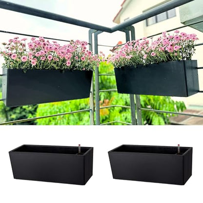 LaLaGreen Railing Planter Boxes (14 Inch, 2 Pack) Self-Watering Window Box Planters with Brackets, Rectangular Hanging Flower Pots for Balcony Deck Fence, Outdoor Herb Garden Plastic Planters Black - size: 14" x 2 Pack (with Bracket)