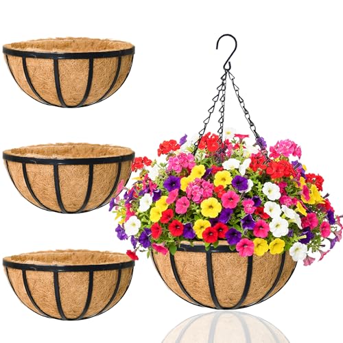 Hanging Planters for Outdoor Plants 4 Pack 14 inch Metal Hanging Flower Basket with Coco Coir Liner Wire Plant Holder Watering Flower Baskets Pot Hanger Garden Decoration for Indoor Outdoor(DQL) - color: The Earth, size: 14inch