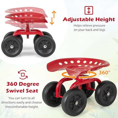 ERGOMASTER Garden Seat with Wheels, Adjustable Height & 360° Swivel, Iron Frame, Red - color: Red