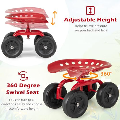 ERGOMASTER Garden Seat with Wheels, Adjustable Height & 360° Swivel, Iron Frame, Red - color: Red