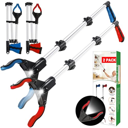 2-Pack Grabber Reacher Tool, 44" Extra Long Foldable Reacher Grabber Pickup Tool with Light, Heavy Duty Trash Picker Upper Grabber, 360° Rotating Jaw & Magnet, Lightweight Grabbers for Seniors