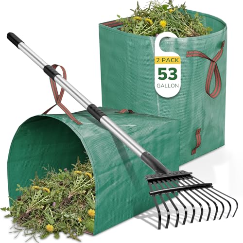 GreatBuddy Leaf Rake and Leaf Bags Combo, Adjustable Metal Garden Rake 29''-72'' 11 Tines, 2 Pack 53 Gallon Reusable Yard Waste Bags, Heavy Duty Lawn Rake with Dustpan Leaf Collector for Yard Cleanup - size: 11 tines & 53 gal 2 packs