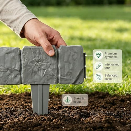 20PCS Faux Stone Edging for Landscaping, Imitation Stone Garden Fence Plastic Retaining Edging Border, for Flower Bed Edging,Yard Edging,Lawn Trees and Gardens(Grey)