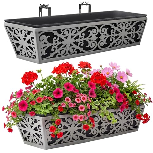 2 Pack 24 Inch Window Boxes Planter for Outdoor Plants Deck Railing Planters Box with Adjustable Brackets for Porch Fence Balcony Hanging Flower Baskets with Non-Woven Fabric Liner for Garden Decor - size: 24 Inch - 2 Pack