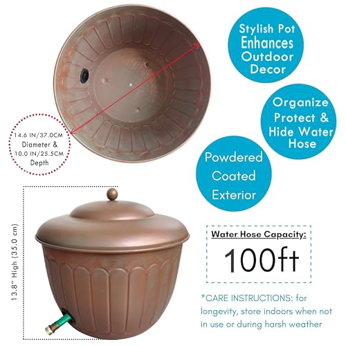 BSTGIFTS Garden Water Hose Holder - Decorative Metal Pot, Metal Hose Storage Pot, Garden Storage Organizer, Patio Portable Bucket - Antique Copper Accents, Holds up to 100ft Hoses (Embossed)