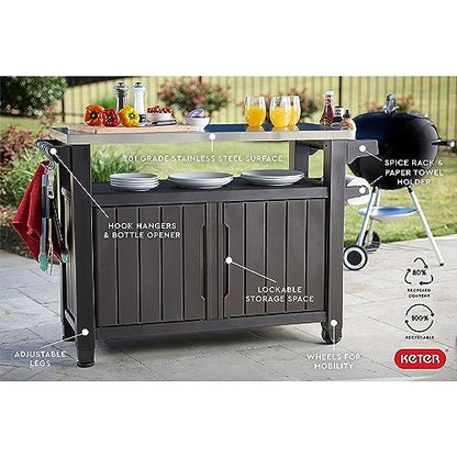 Keter Outdoor Rolling Table Cart for Food Prep, Storage, Dark Brown - color: Brown