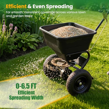 66LBS Walk-Behind Broadcast Spreader with 13" All-Terrain Pneumatic Tires, 6.5FT Spreading Width & Adjustable Flow Control, Push Fertilizer Spreader for Grass Seed, Salt & Ice Melt (Black) - color: Black