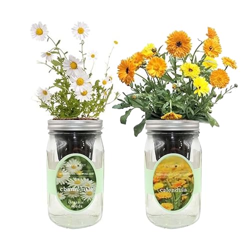 2-Pack Hydroponic Mason Jar Herb Garden Kit, Indoor Herb Garden Self-Watering Starter Kit, New Christmas Gift for Mom (Calendula,Chamomile)