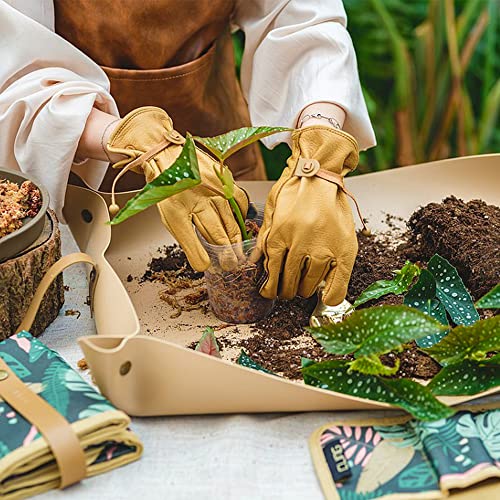 Leather Plant Repotting Mat Waterproof Transplanting Mat Indoor Succulent Potting Portable Gardening Mat, 30" X 18" Thickened Foldable Plant Potting Tray and Mess Control mat - color: Khaki Leather