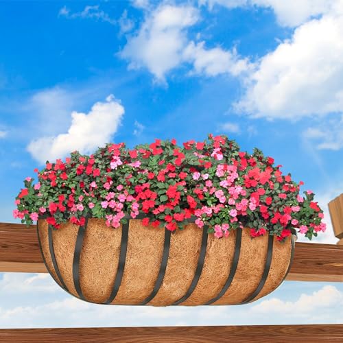 Y&M 24'' Outdoor Planters, 2 Pack Window Boxes with Coconut Coir Liner, Hanging Flower Planter for Balcony, Porch, Fence, Patio Rail - size: 24in 2p