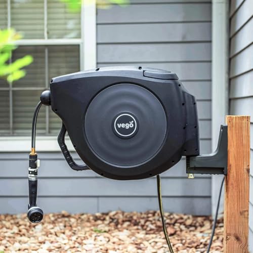 Garden Hose Reel Retractable 1/2" x 65ft Wall Mounted Hose Reel Automatic Rewind, Any Length Lock with 9 Patterns Sprayer Nozzle, Quick Connector and Adjustable shot Nozzle- Tidepool Blue - color: Tidepool Blue, size: 65ft