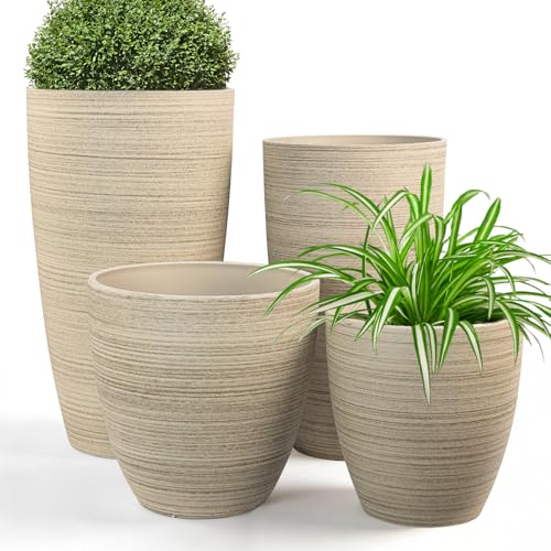 ZMTECH 4 Pack Plastic Planters 24/21/12/10 in, Beige Faux Stone Finish Round Flower Pots with Drainage Holes & Saucers, Large Tall Plant Pots for Indoor Outdoor, Patio Garden Decor, Plant Containers - color: Stone-look Beige-24"/4, size: 24/21/12/10 Inch
