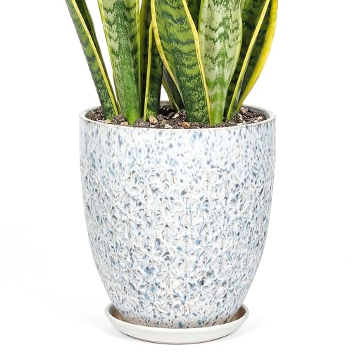 11.8 Inch Flower Pots for Indoor Plants,Ceramic Planter with Saucer Drainage Leak-Proof Mesh Gardening Gloves (Spotted Blue) - color: Spotted Blue, size: 11.8 Inch