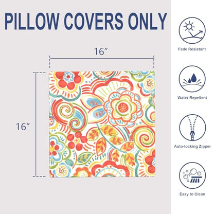 Outdoor 16x16 Inch Throw Pillow Covers Set of 2, All Weather Square Pillow Cases, Patio Cushion Pillow of Home Furniture Use, Flower Multi - color: Flower Multi, size: 16" x 16" (Pack of 2)