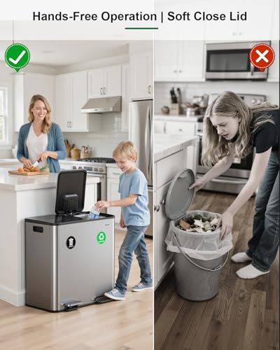 Lovewind 2×11.5 Gallon Dual Trash Can, Stainless Steel Dual Garbage and Recycling Can with Foot Pedal, 90° Stay-Open Lid, Pet-Proof Design – Large Dual Compartment Trash Recycling Bins Kitchen, Silver - color: Silver, size: 23 Gallon