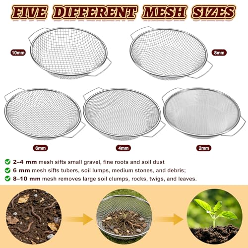 5PCS Soil Sifter 2,4,6,8,10mm Rock Sifting Screen with Handle Shovel Gloves - size: 5PCS(1/9in,1/6in,1/4in,1/3in,3/8in)