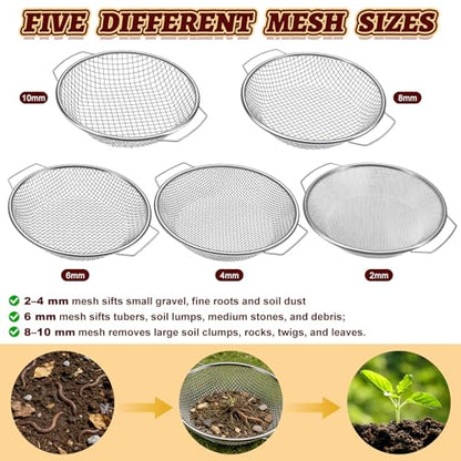 5PCS Soil Sifter 2,4,6,8,10mm Rock Sifting Screen with Handle Shovel Gloves - size: 5PCS(1/9in,1/6in,1/4in,1/3in,3/8in)