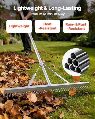 VEVOR Landscape Rake, 36 inch Wide Head 133 inch Handle, Large Heavy Duty Aluminum Landscaping Leaf Rake Tool, Asphalt Level for Loosening Soil, Garden & Yard, Pond Gravel & Beach Lawn Care, 52ft Rope - size: 133 inch