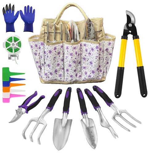 41-Piece Premium Gardening Tool Set, Stainless Steel Heavy Duty Gardening Tool Kit, with Non-Slip Rubber Grip, Storage Tote Bag, Outdoor Hand Tools, Ideal Gardening Gifts for All (Purple Floral)