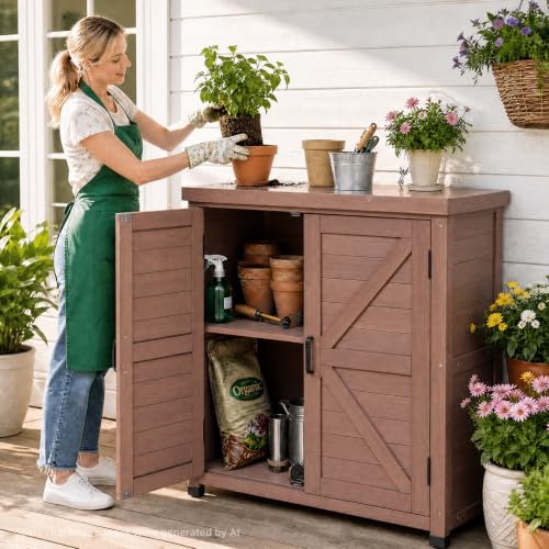 Outdoor Storage Cabinet with Metal Tabletop, Cedar Wood Garden Workstation - color: Dark Brown, size: 31x17x36