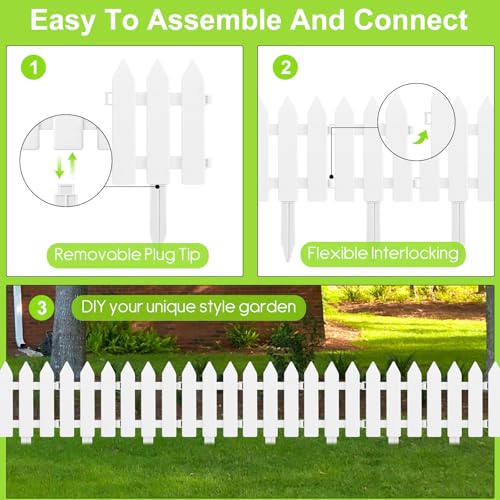 PLULON 6 Pieces Garden Fence with 6 Pieces Fence Insert White Plastic Garden Picket Edgings Lawn Flowerbeds Plant Borders Decorative Garden Yard