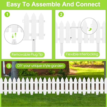 PLULON 18 Pieces Garden Fence with 18 Pieces Fence Insert White Plastic Fence Garden Picket Fence Edgings Lawn Flowerbeds Plant Borders Decorative Garden Yard