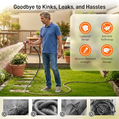 Garden Hose, 75ft 5/8" Heavy Duty Rubber Water Hose w/ 10-Mode Spray Nozzle, 550 PSI Burst, 360° Anti-Kink Swivel Connectors, All-Weather Flexible, Leakproof 3/4" Brass Male to Female Fittings - size: 75ft