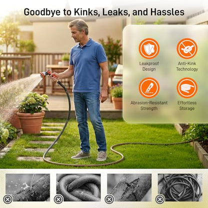 Garden Hose, 75ft 5/8" Heavy Duty Rubber Water Hose w/ 10-Mode Spray Nozzle, 550 PSI Burst, 360° Anti-Kink Swivel Connectors, All-Weather Flexible, Leakproof 3/4" Brass Male to Female Fittings - size: 75ft
