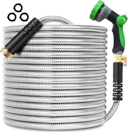 200FT Metal Garden Hose 304 Stainless Steel Flexible Water Hose - No Kink & Tangle Heavy Duty Pipe with Nozzle, Durable 3/4 Metal Fittings and Valve - Rust Proof Puncture Proof for Yard Lawn - color: Silver, size: 200FT