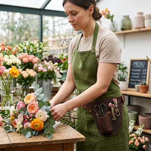 Leather Florists Tool Belt Bag,3 Pockets,Adjustable Gardeners Waist Holster - color: Brown