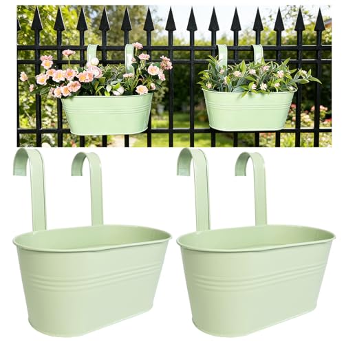 2 Pack 10" Balcony Hanging Metal Fence Planters Flower Pots, Mint Green - color: Mint Green