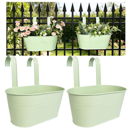 2 Pack 10" Balcony Hanging Metal Fence Planters Flower Pots, Mint Green - color: Mint Green