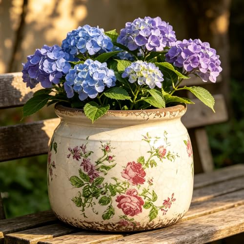 Handcrafted Vintage Crackle Glaze Ceramic Flower Pot 6.25 Inch with Drainage, French Country Indoor Planter Dual-Use Decor Vase for Small Houseplants, Antique Garden Home Decor Housewarming Gift （Rose - color: Red, size: 6.25in