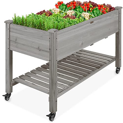 Best Choice Products Raised Garden Bed 48x24x32-inch Mobile Elevated Wood Planter w/Lockable Wheels, Storage Shelf, Protective Liner - Gray - color: Gray