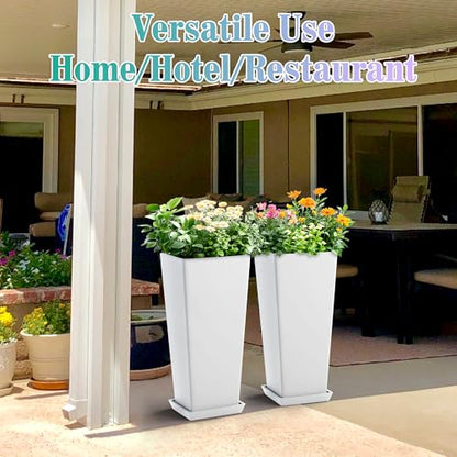 TUYOHW 24 Inch Tall Tapered Square Planters (Set of 2) - Indoor Outdoor Large Flower Pots with Built-in Drainage & Matching Water Tray for Patio, Garden, Home - White - color: White