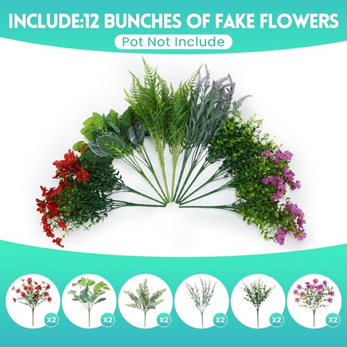 Hrobek Fake Artificial Flowers for Outdoors Faux Plants Outside Indoor - color: 6 Color Mixed(2 Lavender,2 Fittonia,2 Ferns,2 Boxwoods,2 Lt. Purple,2 Red Daisy)