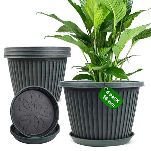 Large-Planter-Indoor-Outdoor Plant Pots, 16 inch 4 Pack Plastic Flower Pots with Saucer And Drainage Holes, Modern Garden Planters For Planting Medium Large Plants, Decorative Resin Garden Pots - color: Blue Green, size: 16 inch