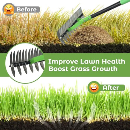 Thatch Rake, 65" Lawn Thatching Rake for Cleaning Dead Grass, 13 Inch Wide Heavy Duty 21 Teeth Steel Metal Rakes, Landscaping Raking Garden Tools for Lawn Care Loosening Leveling Soil Mulch