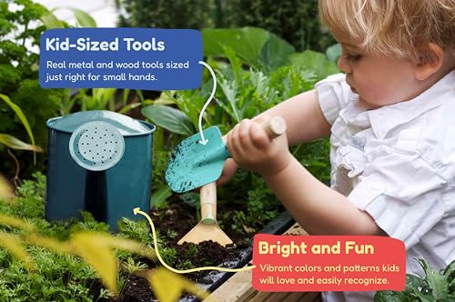 Gardening Set, Tool Kit, for Kids, STEM, Includes Tote Bag, Spade, Watering Can, Rake, Fork, Trowel and Gloves (Ocean Blue) - color: Ocean Blue