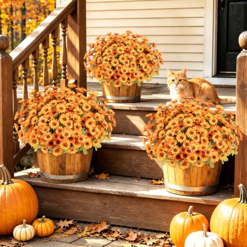 Fake Mums Artificial Fall Flowers for Outdoors Silk Daisy Bulk - color: Orange