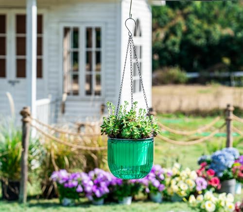 Melphoe 2 Pack Self Watering Hanging Planters Indoor Flower Pots, 6.5 Inch Outdoor Hanging Plant Basket, Hanger with 3Hooks Drainage Holes for Garden Home (Emerald + Gray) - color: Emerald+gray, size: 6.5''+6.5''
